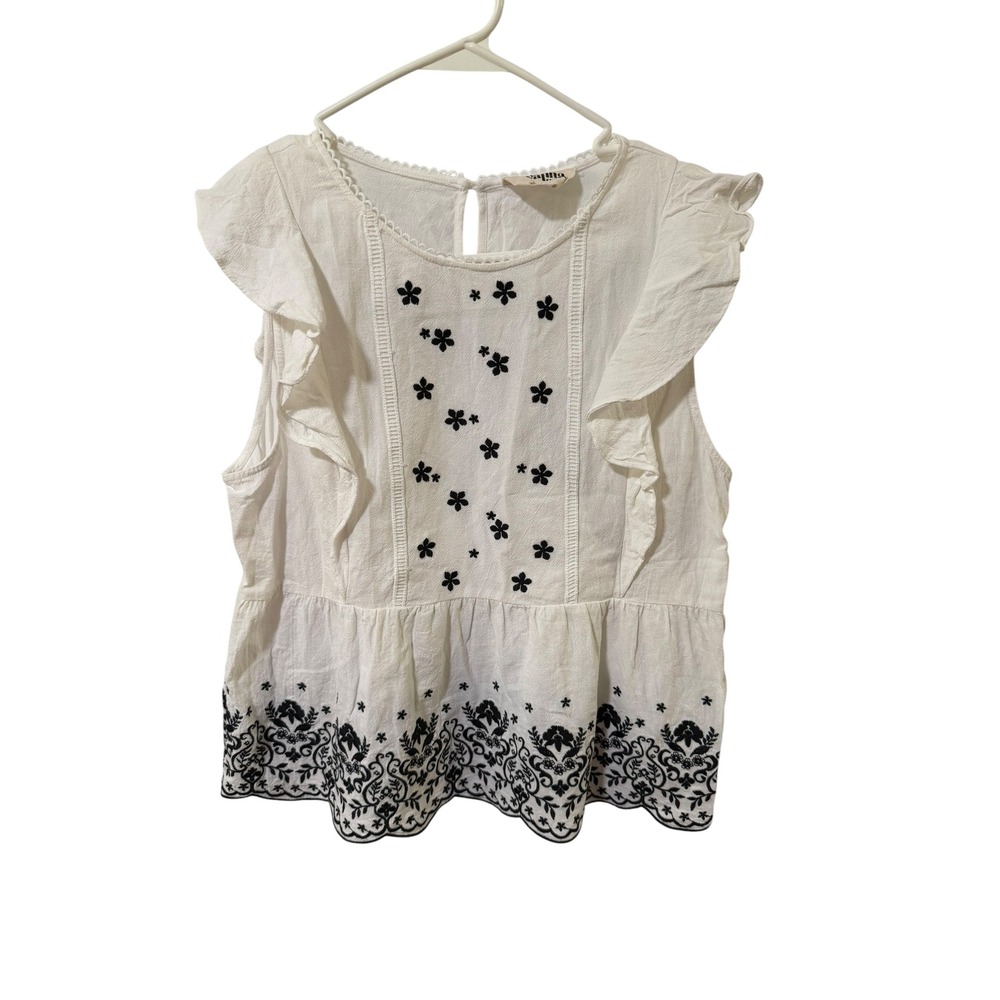 Savanna Jane Size Large White Black Floral Embroidered Flutter Sleeve Top